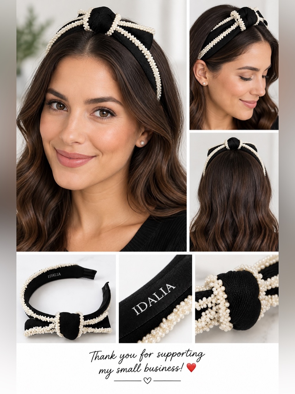 IDALIA Black White Beaded Knotted Headband Faux Pearl Padded Hair Accessory